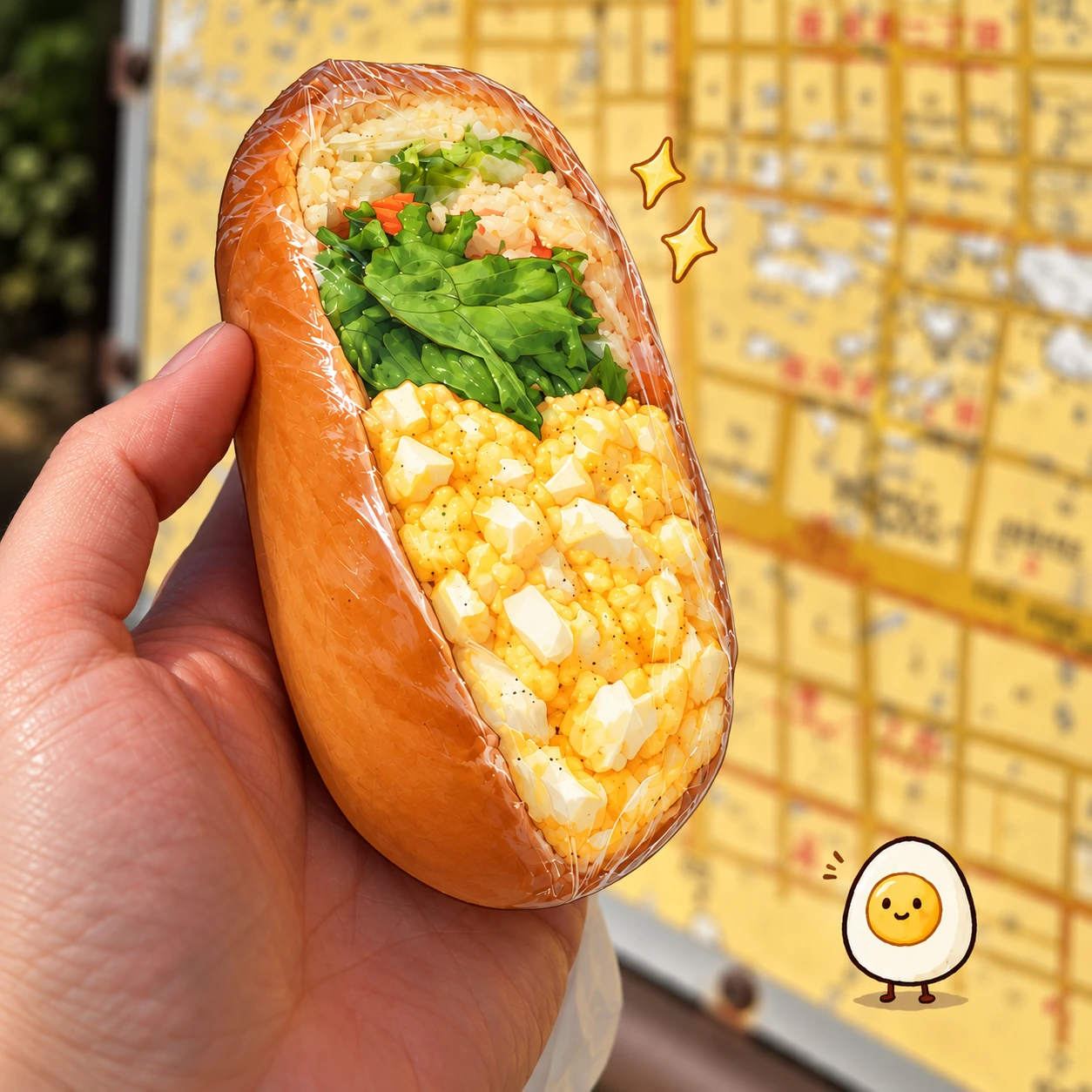 Illustrated golden egg and potato salad roll, held in front of a photographic yellow Tokyo street map