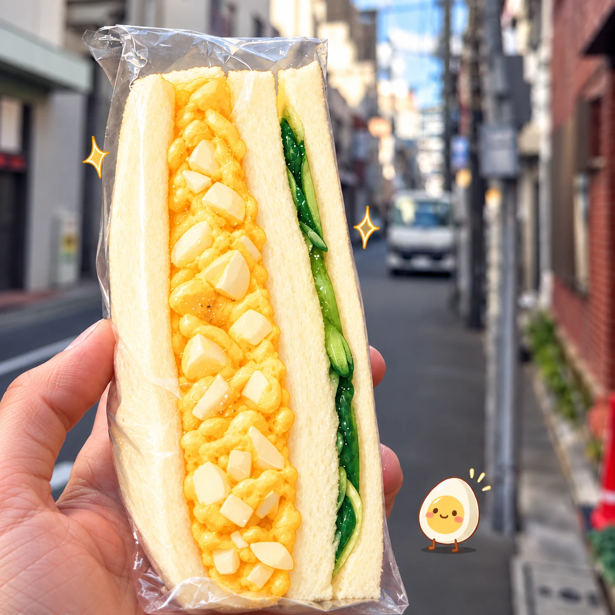 Illustrated crustless egg mayo sandwich held in a photographic Tokyo side street with blue sky
